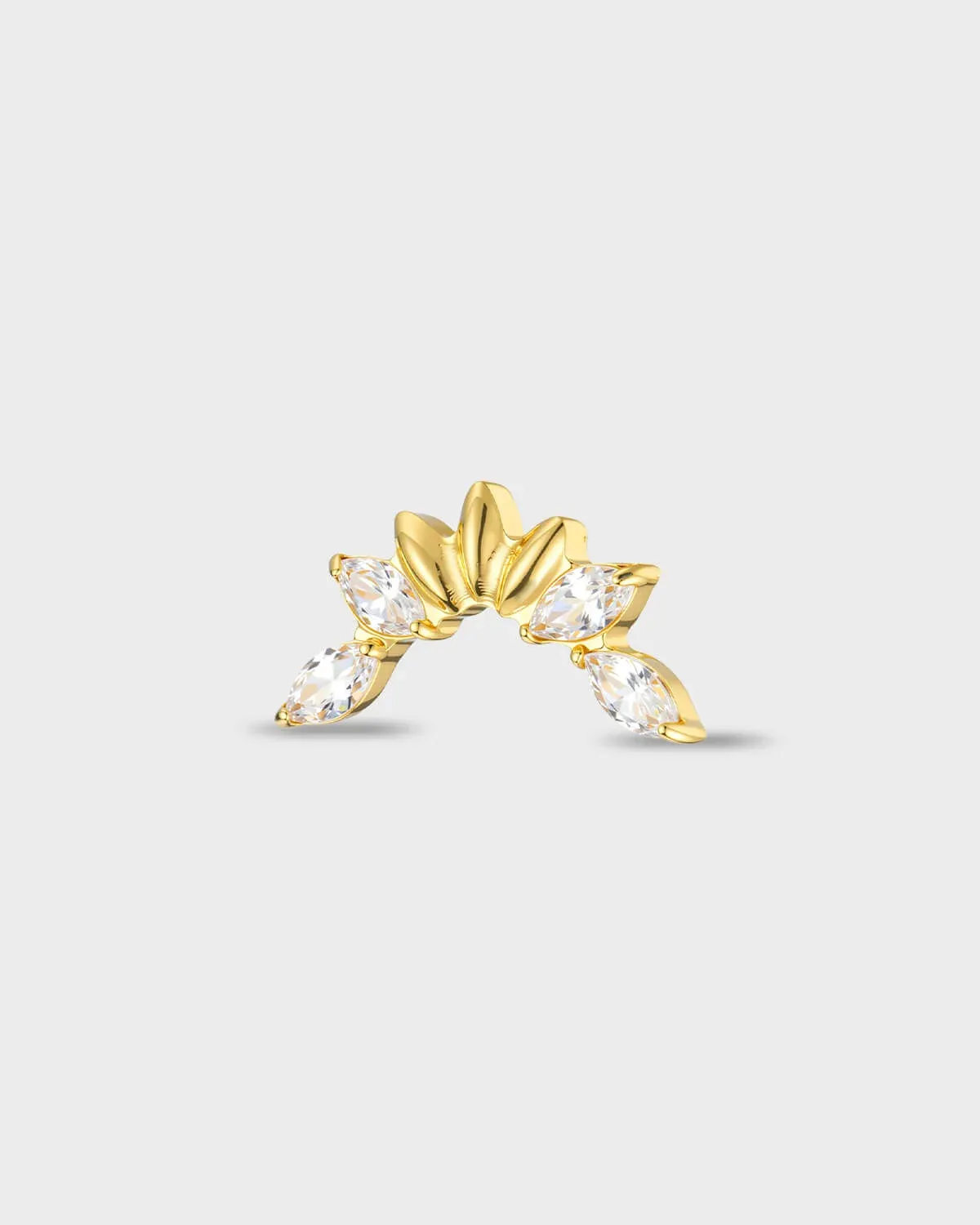 Gold titanium earring with a sculpted central fan detail and four marquise-cut clear stones set either side on a light gray background.
