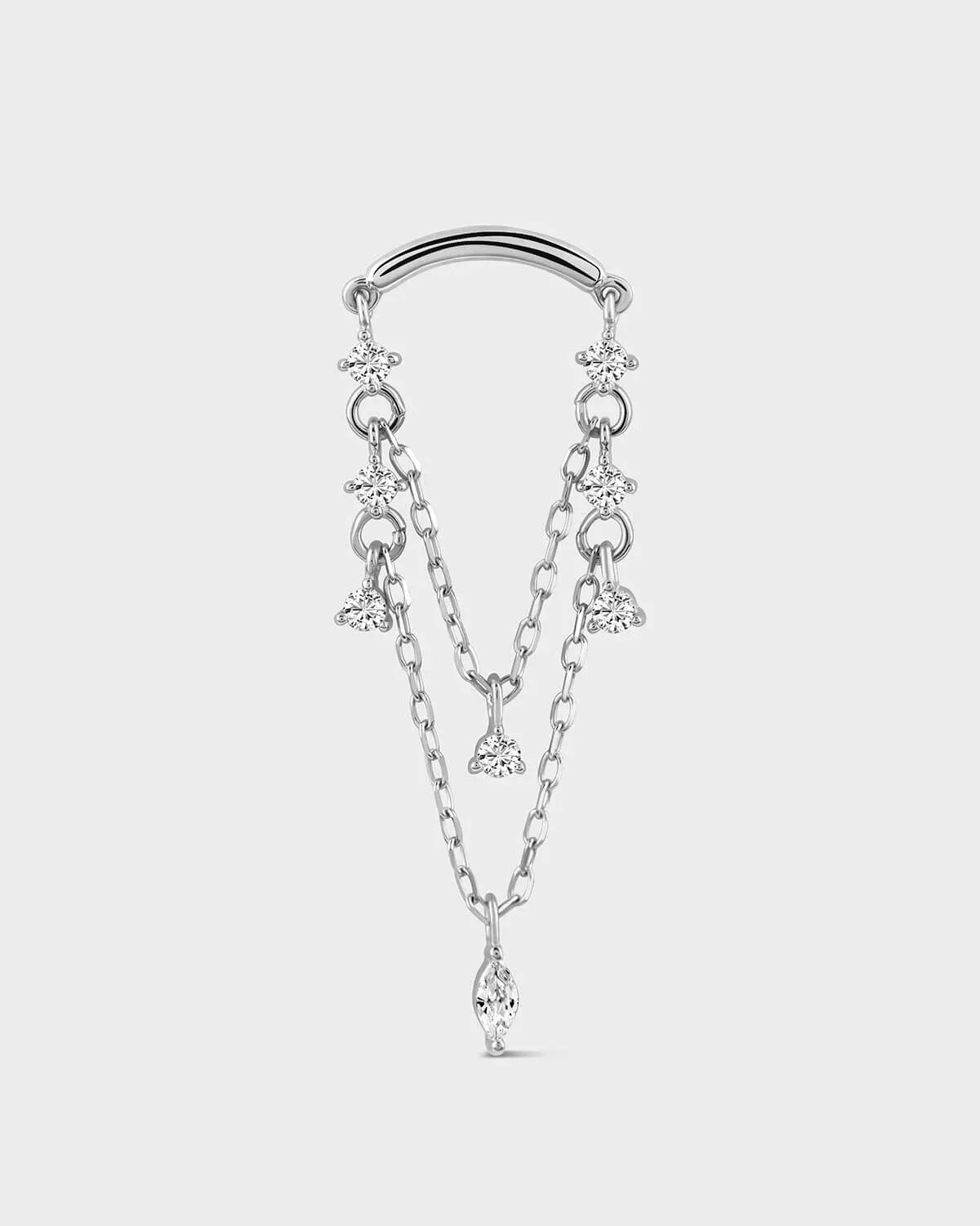 White Gold hidden helix jewellery with double chain and diamond-like stones on a light gray background