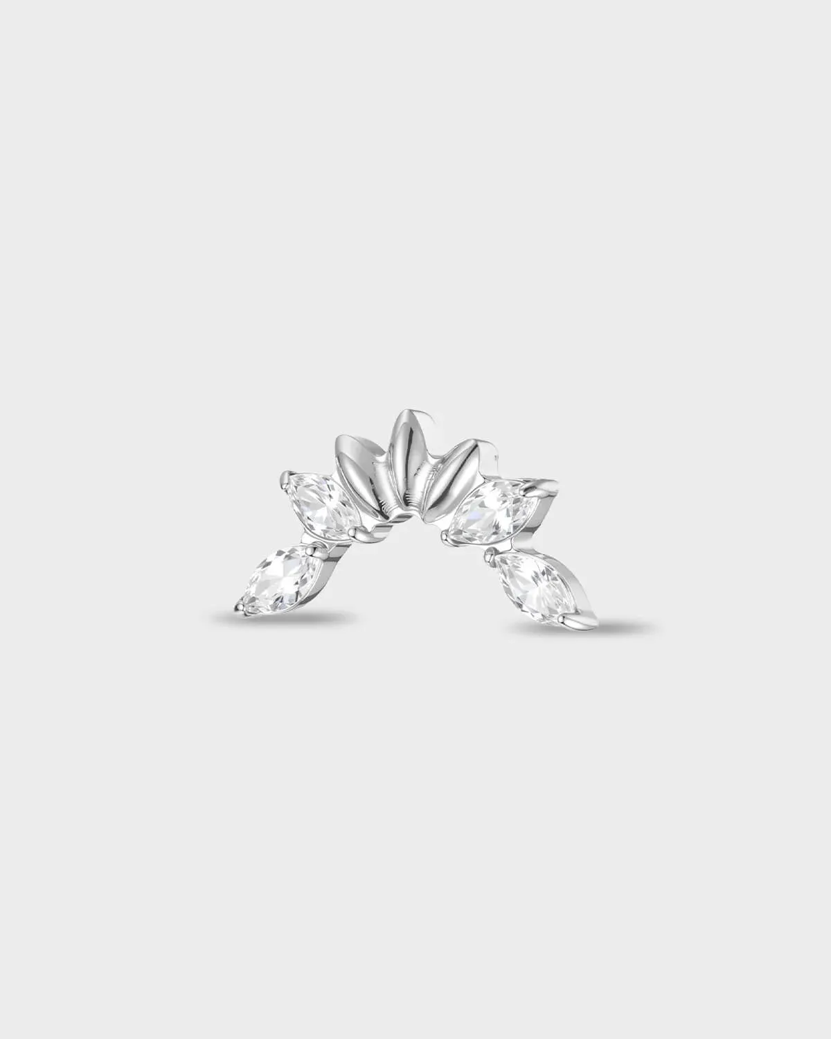 Polished titanium earring with a sculpted central fan detail and four marquise-cut clear stones set either side on a light gray background.