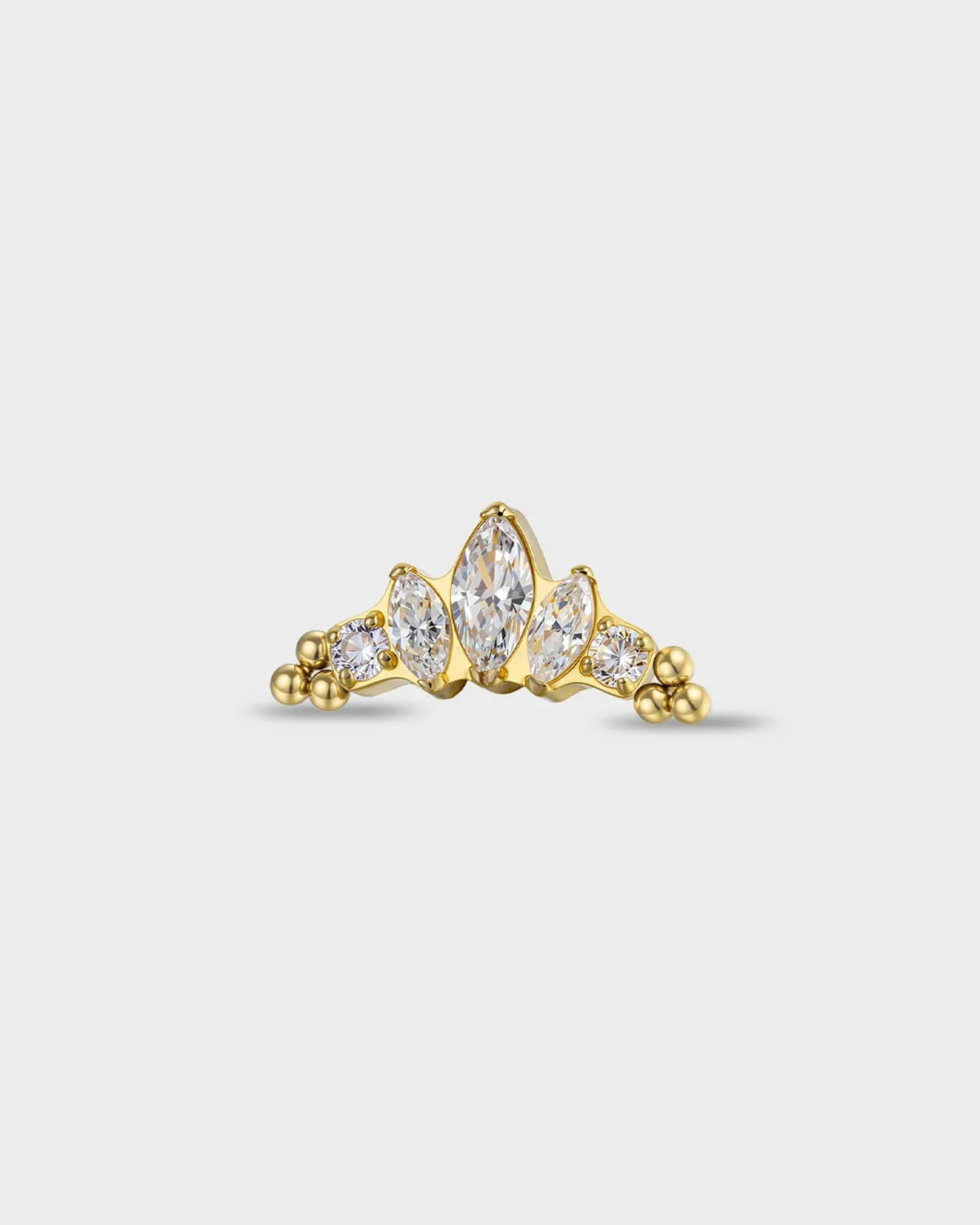 Gold titanium earring with three marquise-cut clear stones set between two round-cut clear stones, finished with three polished bead details at each end on a light gray background.