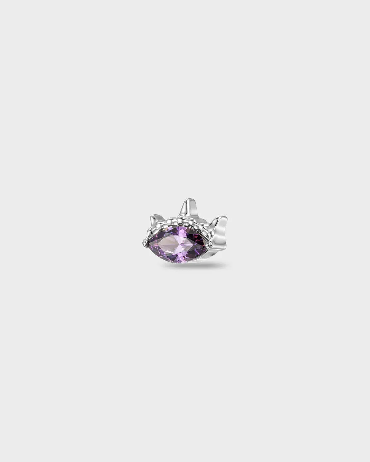 Polished titanium earring with an oval-cut amethyst purple stone set into a sculpted, recessed frame, on a light gray background.