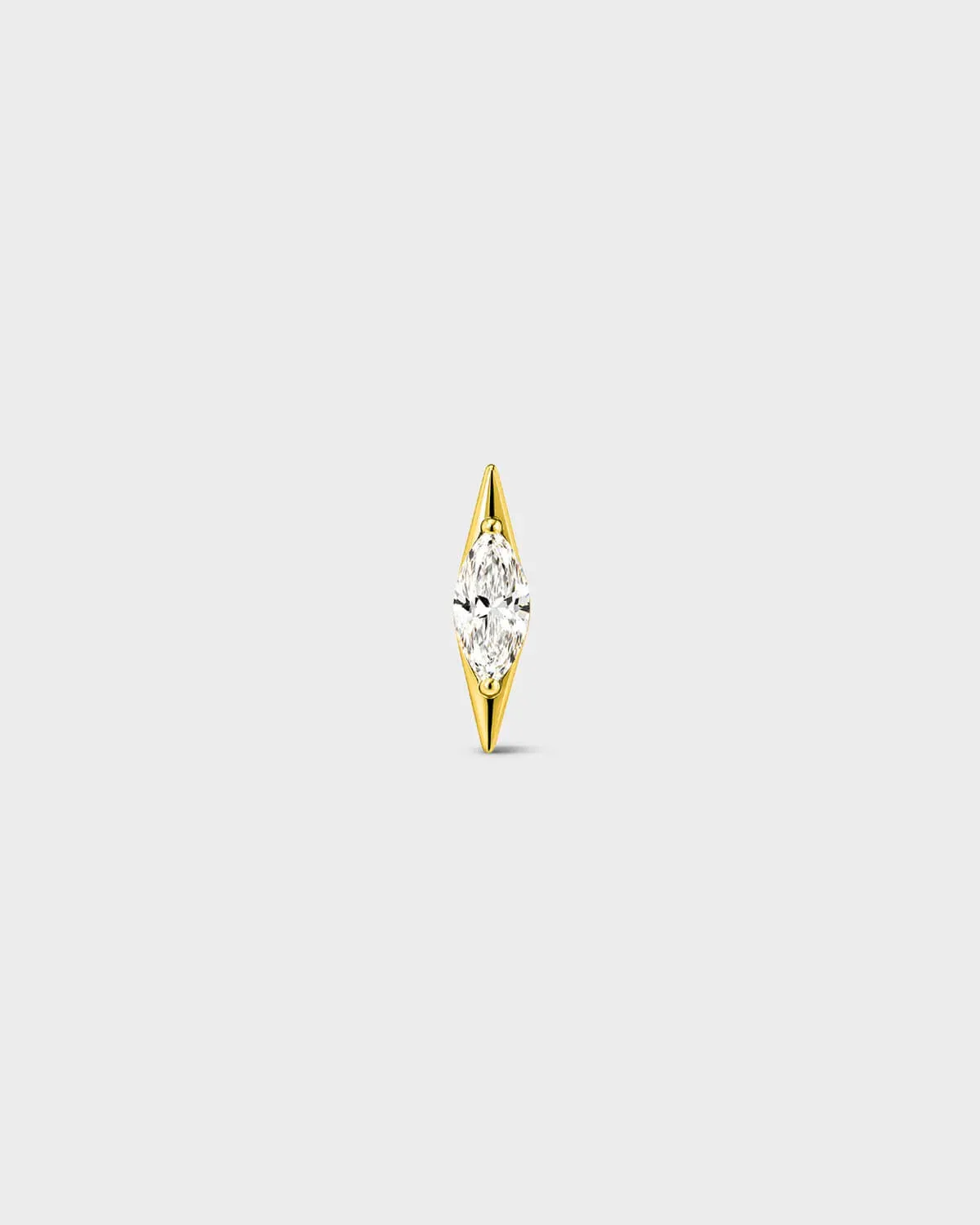 Polished silver titanium threadless end with a marquise-cut clear stone set in a tapered, sculpted setting. On a light grey background.