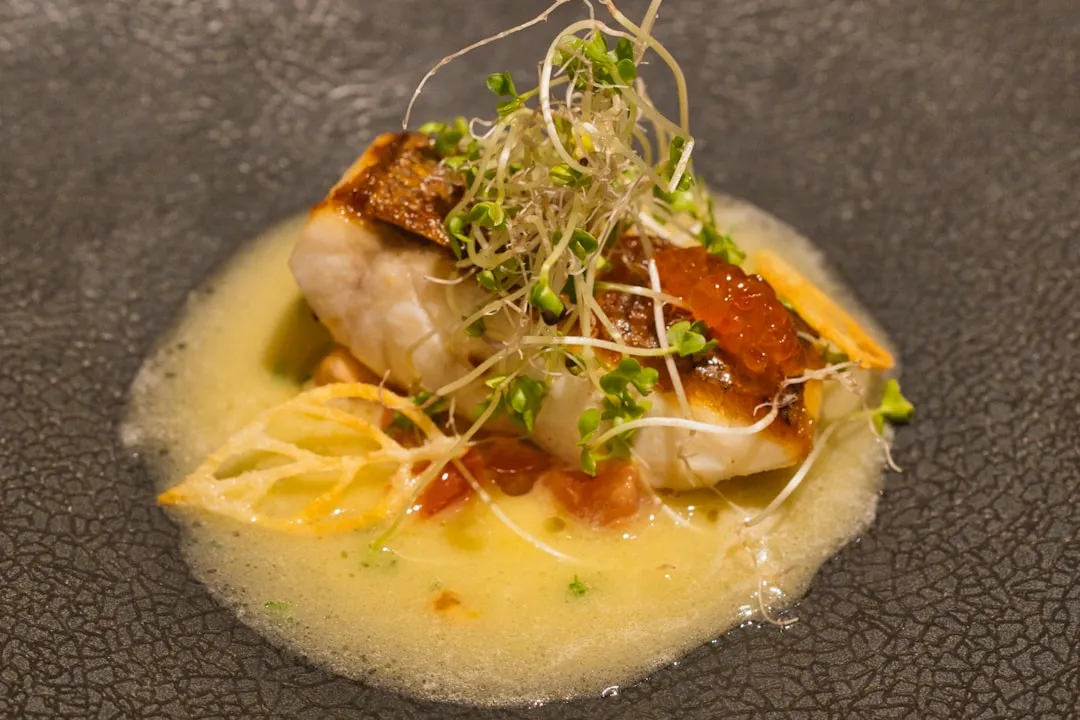 Delicate fish fillet with crispy skin, sprouts, and sauce.