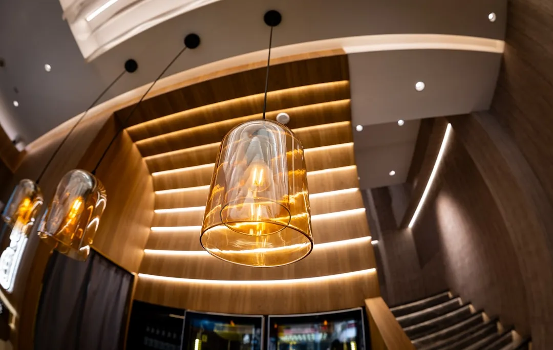 Stylish, warm lighting hangs in an interior space.